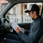 Courier sitting in vehicle writing on clipboard, focused on logistics tasks.